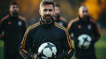 professionnel Football joueur en train de préparer pour formation en portant une football balle. génératif ai photo