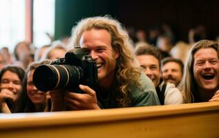 photographe prise des photos de une manifestation dans le foule. génératif ai