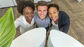 affaires gens prise selfies à travail. génératif ai photo