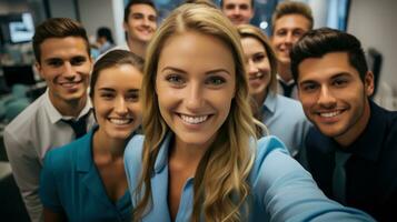 affaires gens prise selfies à travail. génératif ai photo