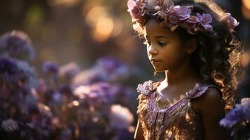 enfant dans une chatoyant Fée costume dansant joyeusement parmi épanouissement jardin fleurs.. génératif ai photo