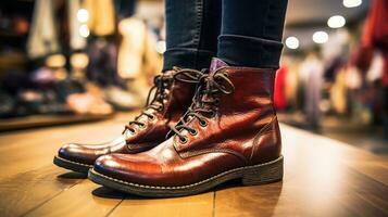 femme en essayant sur bottes pour hiver démarrage achats. génératif ai photo