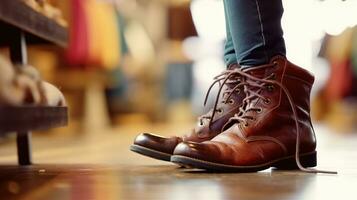 femme en essayant sur bottes pour hiver démarrage achats. génératif ai photo