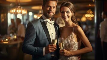 Jeune couple tintement Champagne lunettes. génératif ai photo