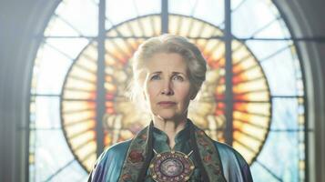 un vieux femme prier dans église. génératif ai photo