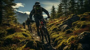 Montagne motards cyclisme dans le forêt. génératif ai photo