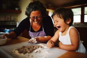 une peu fille ayant amusement dans le cuisine avec sa grand-mère. génératif ai photo