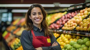 une femme dans le fruit et légume département. génératif ai photo