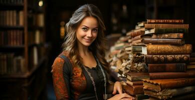 femme posant avec livres dans le bibliothèque. génératif ai photo