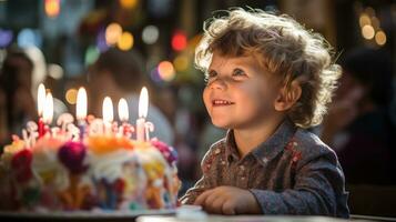 peu garçon soufflant en dehors bougies sur le sien anniversaire gâteau.. génératif ai photo