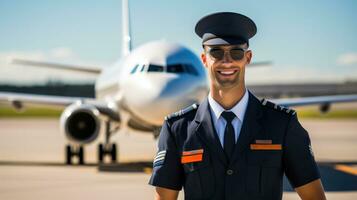 attrayant pilote homme posant dans de face de avion. génératif ai photo