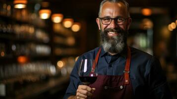 une du vin connaisseur détient une gobelet de du vin dans le sien main. génératif ai photo