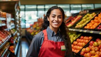 une femme dans le fruit et légume département. génératif ai photo