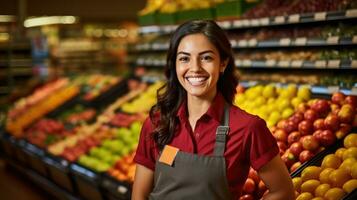 une femme dans le fruit et légume département. génératif ai photo