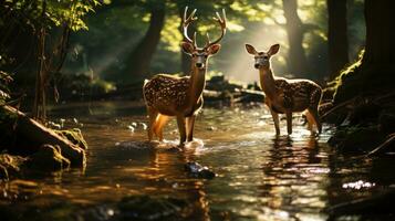 tranquille forêt scène, coup suivi une famille de cerf en dessous de chaud lumière du soleil. génératif ai.. génératif ai photo