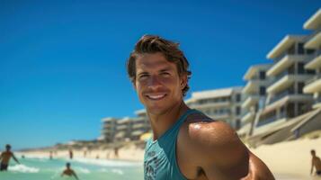 Beau et musclé surfeur sur le plage. génératif ai photo