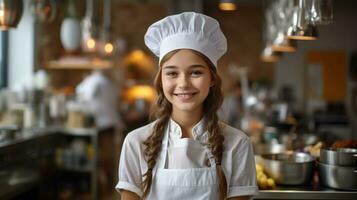 adolescent fille dans une du chef chapeau et tablier.. génératif ai photo