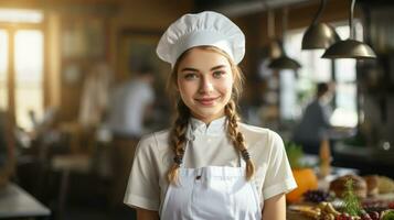 adolescent fille dans une du chef chapeau et tablier.. génératif ai photo