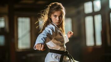 adolescent fille dans une martial les arts uniforme Faire une coup.. génératif ai photo