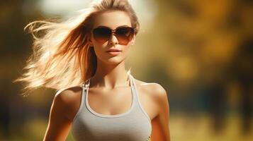 Jeune femme le jogging dans le parc. génératif ai photo