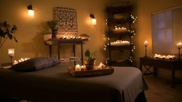 massage pièce illuminé avec bougies. génératif ai photo