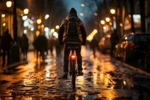 une homme équitation une vélo sur une pluvieux soir rue. génératif ai photo