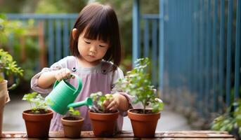 asiatique peu fille arrosage mis en pot les plantes. génératif ai photo