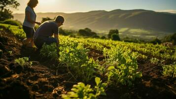 photographier de une agriculteur dans une champ de verdure. génératif ai photo