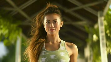 sportif asiatique Jeune femme en dehors pour une marcher. génératif ai photo