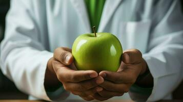 une médecin en portant un Pomme. génératif ai photo