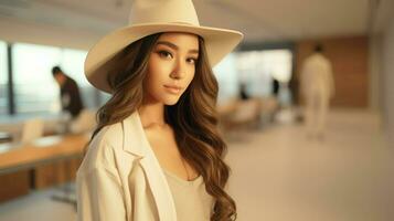 Jeune attrayant asiatique femme dans blanc chapeau posant dehors. génératif ai photo