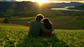 une couple séance sur une colline, surplombant une paisible campagne.. génératif ai photo