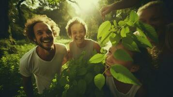 joyeux famille moment au milieu de luxuriant verdure. génératif ai photo