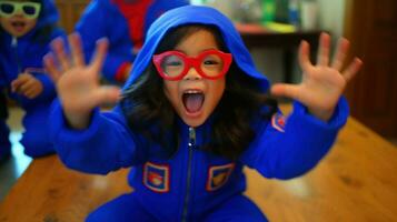 un excité enfant dans une super-héros costume avec élevé bras.. génératif ai photo