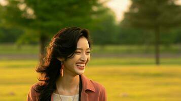 asiatique femme avec une côté sourire dans une parc.. génératif ai photo