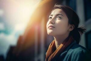 femmes faisceau à la recherche ciel. produire ai photo