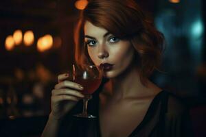 femme en buvant du vin. produire ai photo