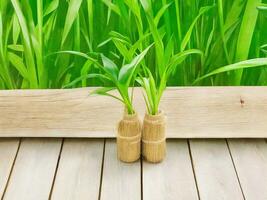 en bois table sur bambou plante Contexte ai généré photo