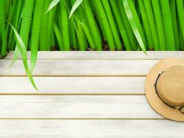 en bois table sur bambou plante Contexte ai généré photo