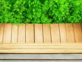 en bois table sur bambou plante Contexte ai généré photo