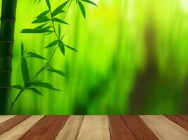 en bois table sur bambou plante Contexte ai généré photo