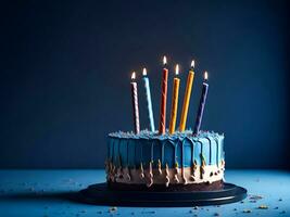 anniversaire Contexte avec rose anniversaire petit gâteau et bougie, anniversaire cadeau et fête chapeau, copie espace génératif ai photo