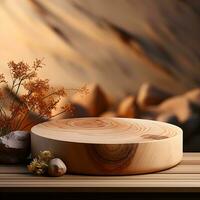 mis sur une en bois Plate-forme avec une feuillu ombre. maquette pour une produits de beauté ou beauté produit. piédestal de Naturel pierre pas. moderne et branché graphique et bannière. génératif ai photo