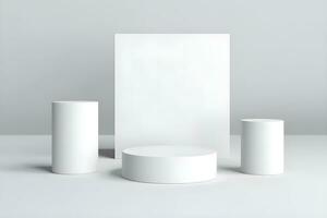 3d rendre de blanc rond podium sur le en bois sol dans le moderne chambre. ai génératif illustration. podium pour produit tirer. marbre , usine, minimal afficher pour produit. photo