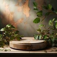 mis sur une en bois Plate-forme avec une feuillu ombre. maquette pour une produits de beauté ou beauté produit. piédestal de Naturel pierre pas. moderne et branché graphique et bannière. génératif ai photo