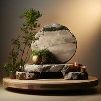 mis sur une en bois Plate-forme avec une feuillu ombre. maquette pour une produits de beauté ou beauté produit. piédestal de Naturel pierre pas. moderne et branché graphique et bannière. génératif ai photo