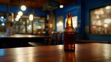 ai génératif bouteille de Bière sur une table dans une pub, peu profond profondeur de champ photo