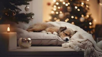 mignonne chien en train de dormir sur canapé dans pièce avec Noël arbre et lumières ai généré photo