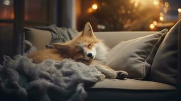 mignonne peu Renard en train de dormir sur canapé dans pièce avec Noël arbre et lumières ai généré photo