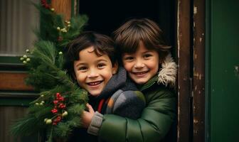 deux des gamins souriant ensemble. hiver saison. le coucher du soleil lumière. ai généré photo